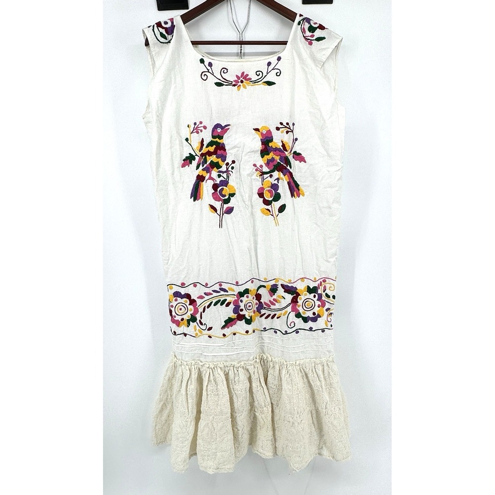 Mexican Traditional Embroideried Huipil Dress Cotton White Floral Size XL